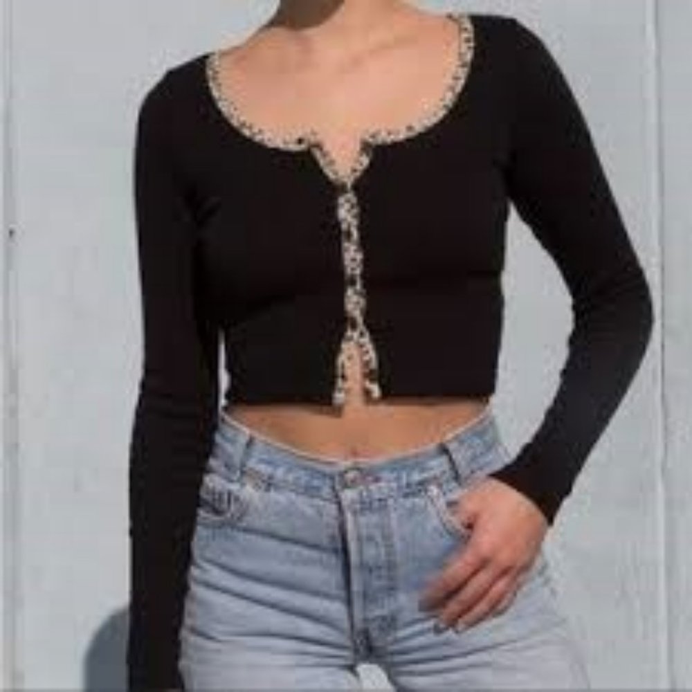 Brandy Melville - Long Sleeve Zelly Top, Black with Cheetah details